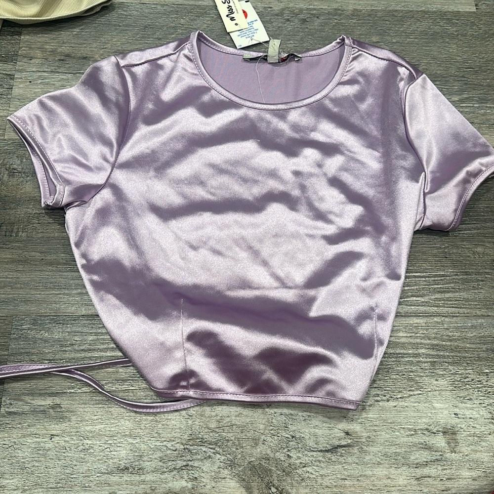 miss selfie silk purple cropped top with tie backing size medium
